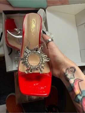 Cathy Jean Red Patent Slide with Crystal Sunburst